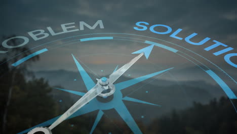 compass needle pointing towards solution with animation over mountain landscape