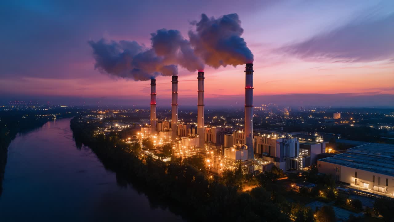 Veduta aerea di una centrale elettrica industriale al tramonto con ciminiere fumanti e un ambiente illuminato che si riflette sul fiume circondato dalla natura