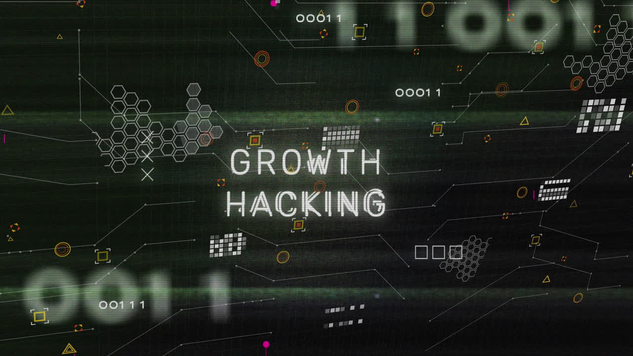 Animation of binary codes over circuit board pattern around growth hacking text on black background