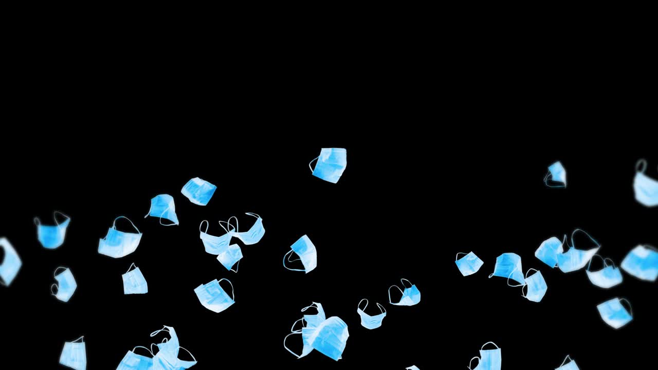 검은 바탕에 많은 파란 마스크를 날아. 의료 개념. 수술 보호 마스크. 마스크 회전의 3d 애니메이션. 루프 애니메이션.