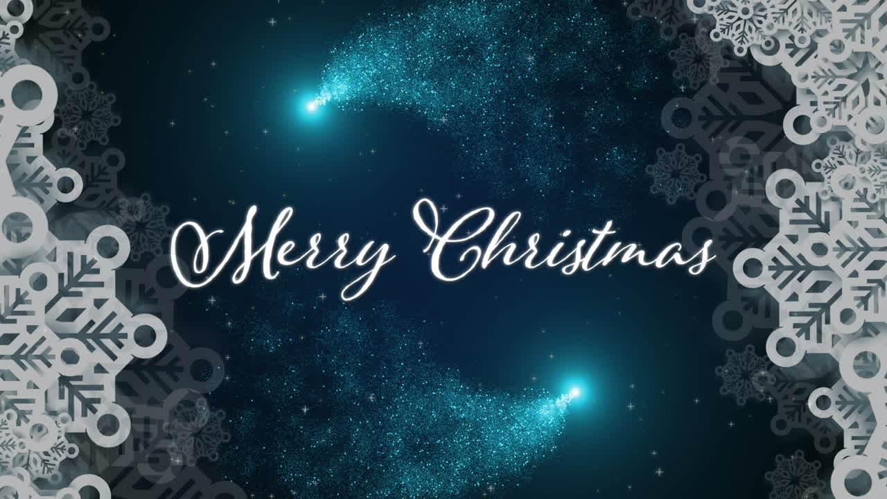 크리스마스 시간 텍스트 배너와 검은색 배경에 파란색 떨어지는 별 위에 눈알의 애니메이션