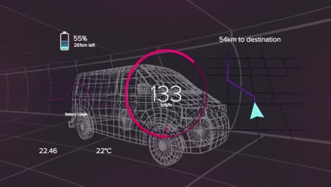 Animation-of-speedometer-and-power-level-over-van-project-on-black-background