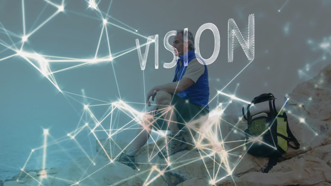 Man sitting on cliff, gazing at ocean, with network lines and VISION text for technology