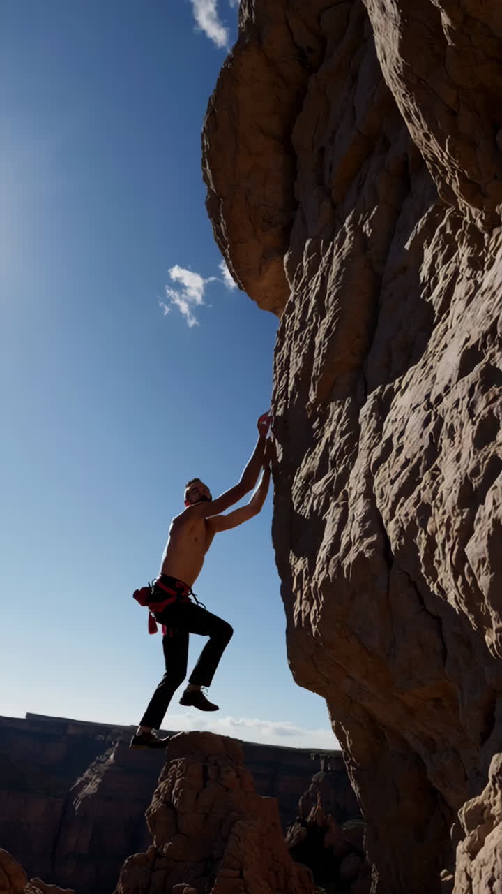Man Rock Climbing Outdoors Under a Blue Sky