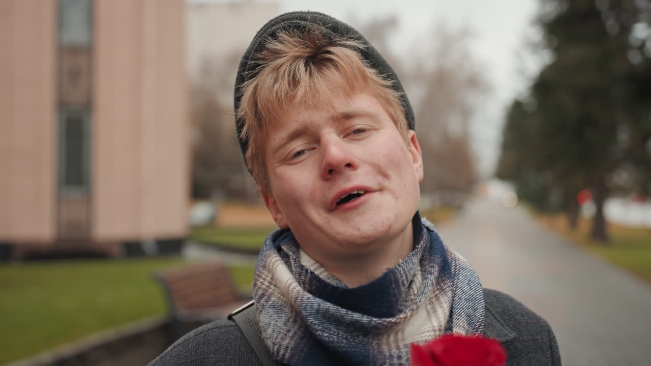 Young artist in park. Shy poet holding rose in winter. Cinematic closeup of shy poet with rose in winter park. Gentle portrait of young poet with rose during winter in cinematic style