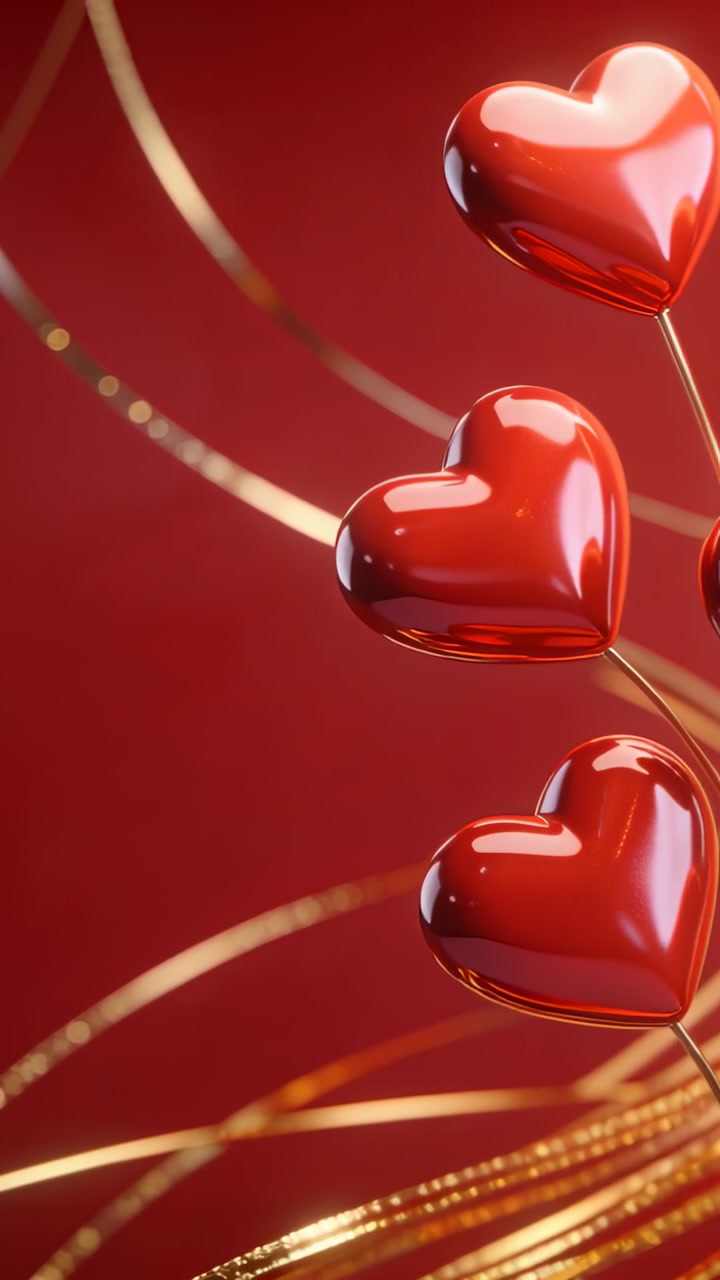 Vertical video: 3 glossy hearts drifting from shifting light, gold ribbons rotating for promo