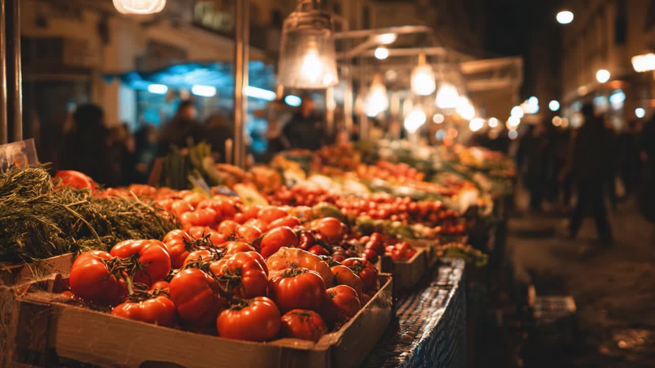 Vibrant Night Market Scene Featuring Fresh Produce: Lively Stalls Displaying a Bountiful Array of Ripe Tomatoes, Greenery, and Other Fresh Vegetables Under Warm Street Lights