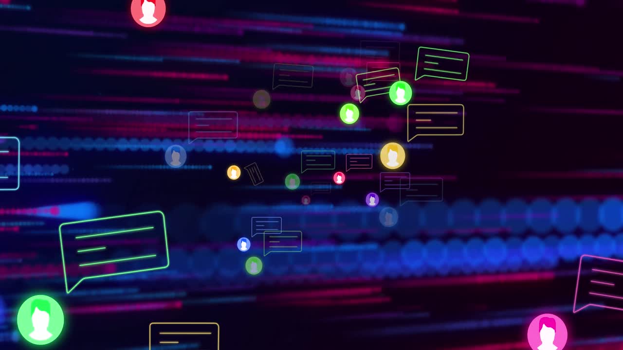 Animation of media icons and shapes over black background