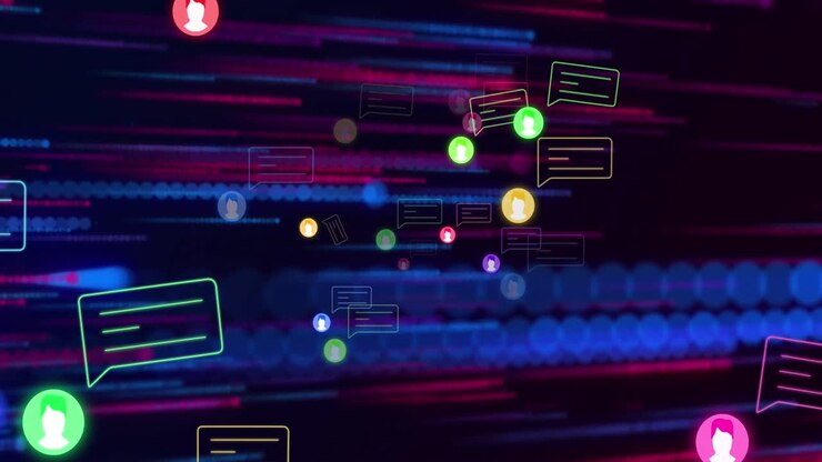 Animation of media icons and shapes over black background