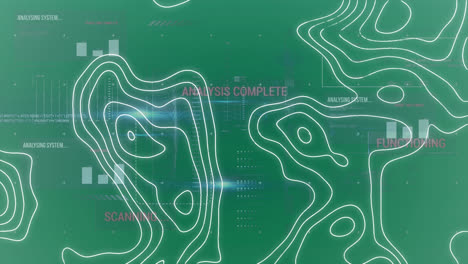 animation of isohypses over digital screen with data on green background