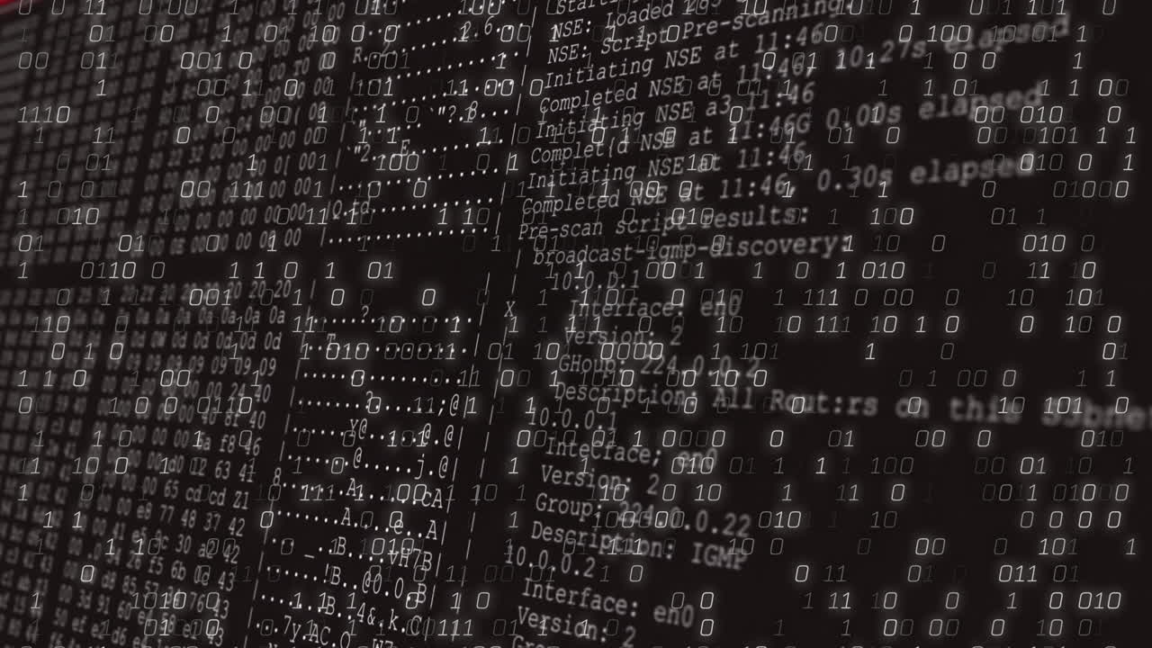 Creating animation, binary code overlaying text for digital data processing concept