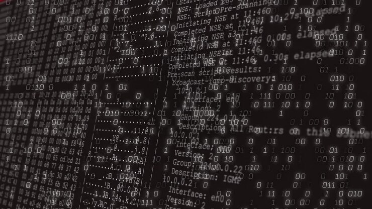 Creating animation, binary code overlaying text for digital data processing concept
