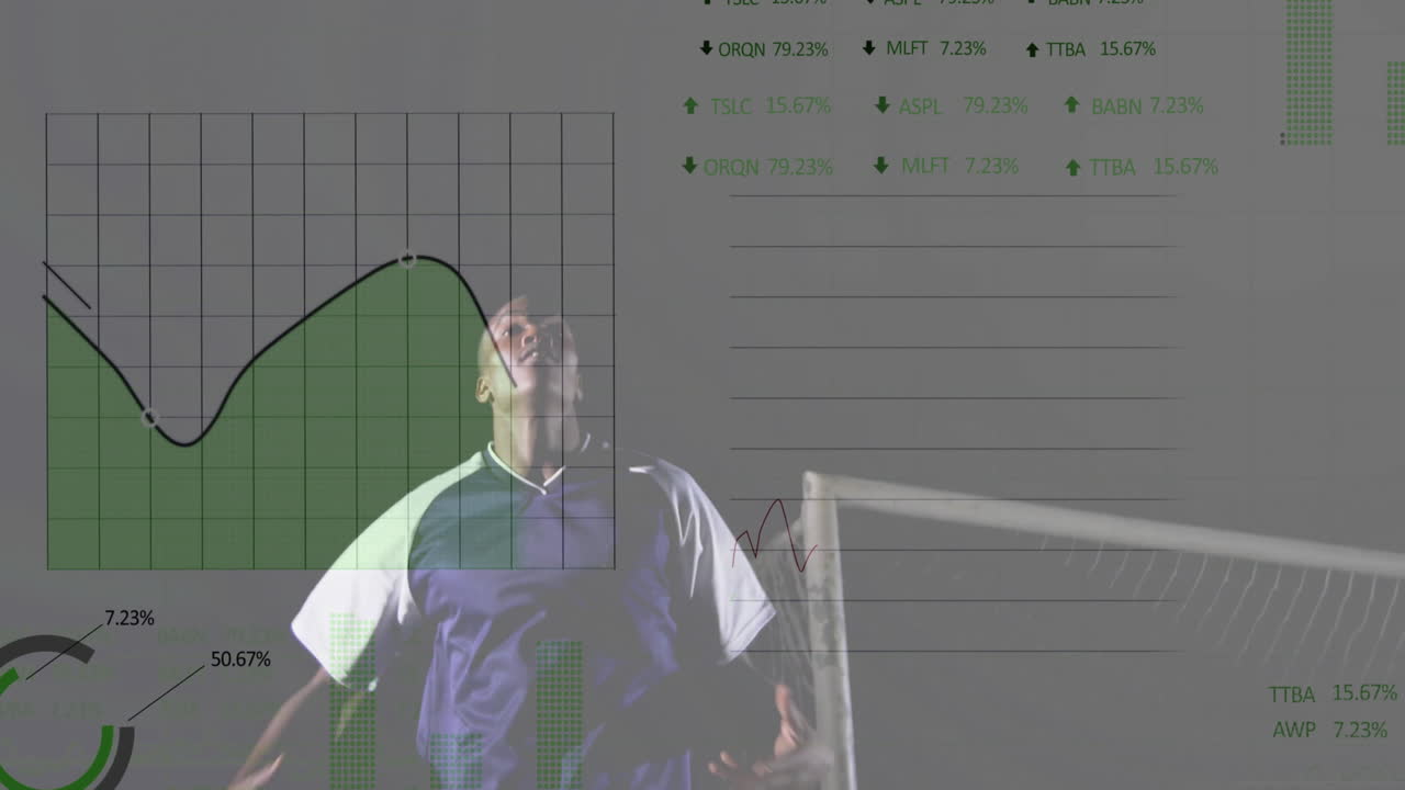 male soccer player standing in goal net, gazing upward with tech overlay displaying graphs metrics