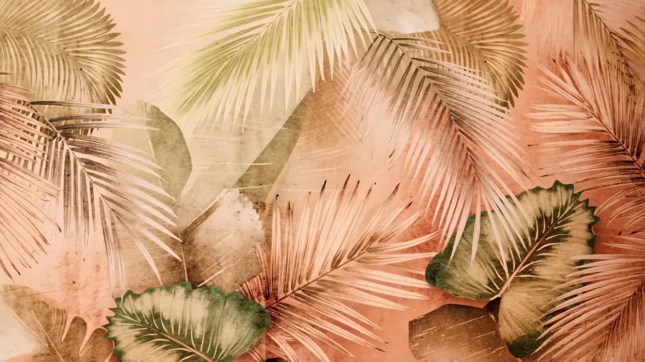Vintage Tropical Palm Leaves Pattern on Warm Peach Background