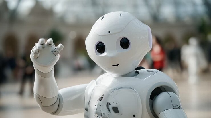 Interazione amichevole con un robot: un robot umanoide saluta con entusiasmo in un ambiente affollato, mostrando in azione la robotica avanzata e la tecnologia AI