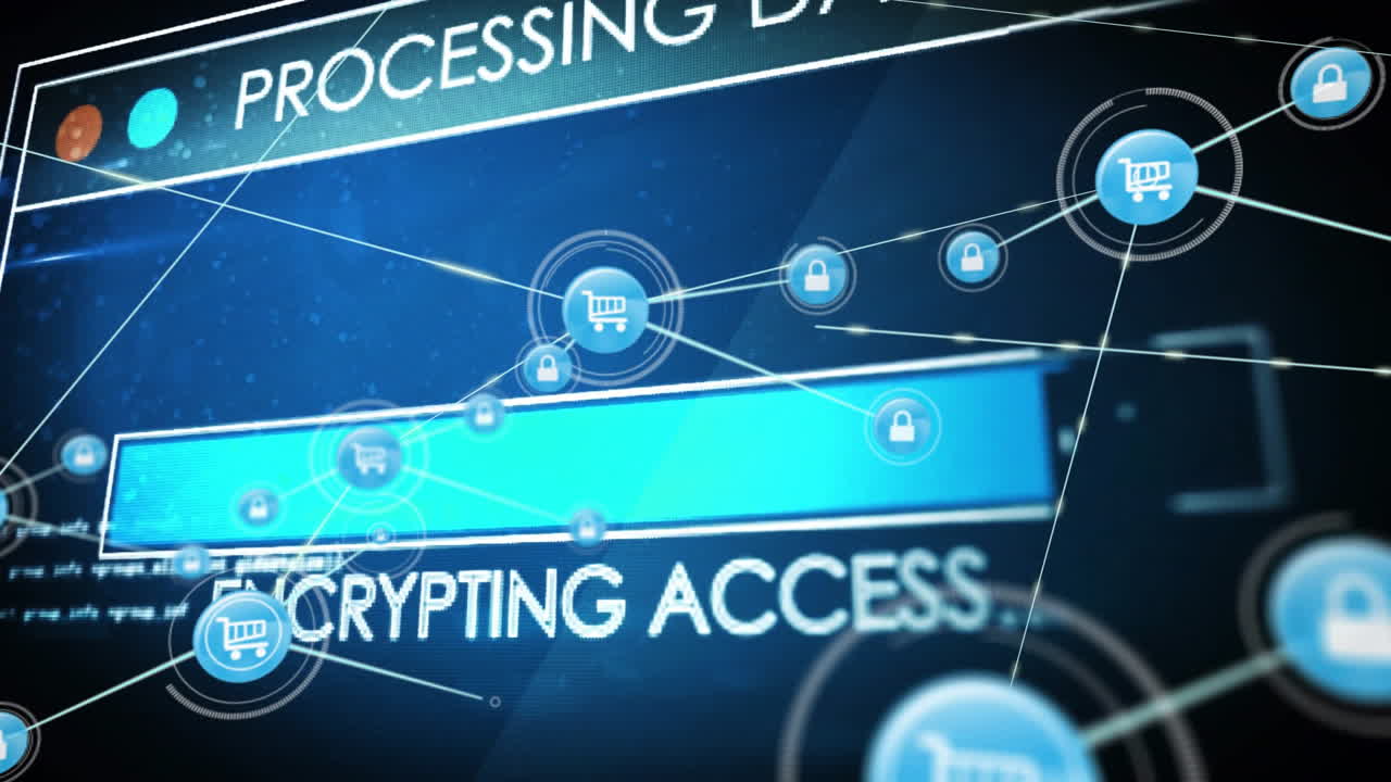Processing data, discovering database animation over digital shopping icons and locks
