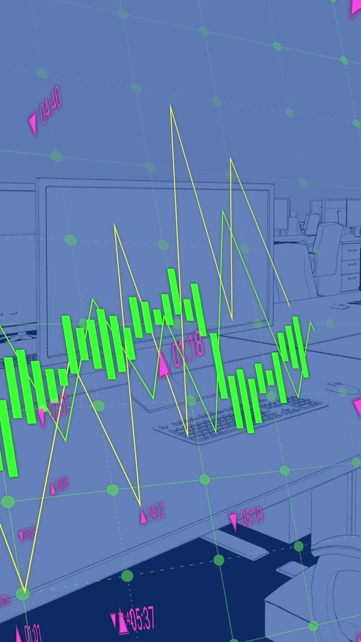 Green graph and processing data over computers on desks in empty office