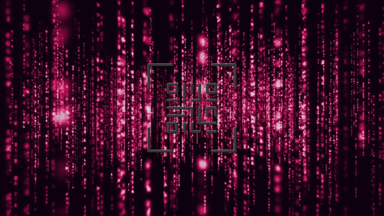 escáner de código qr con elementos de neón contra rastros de luz roja