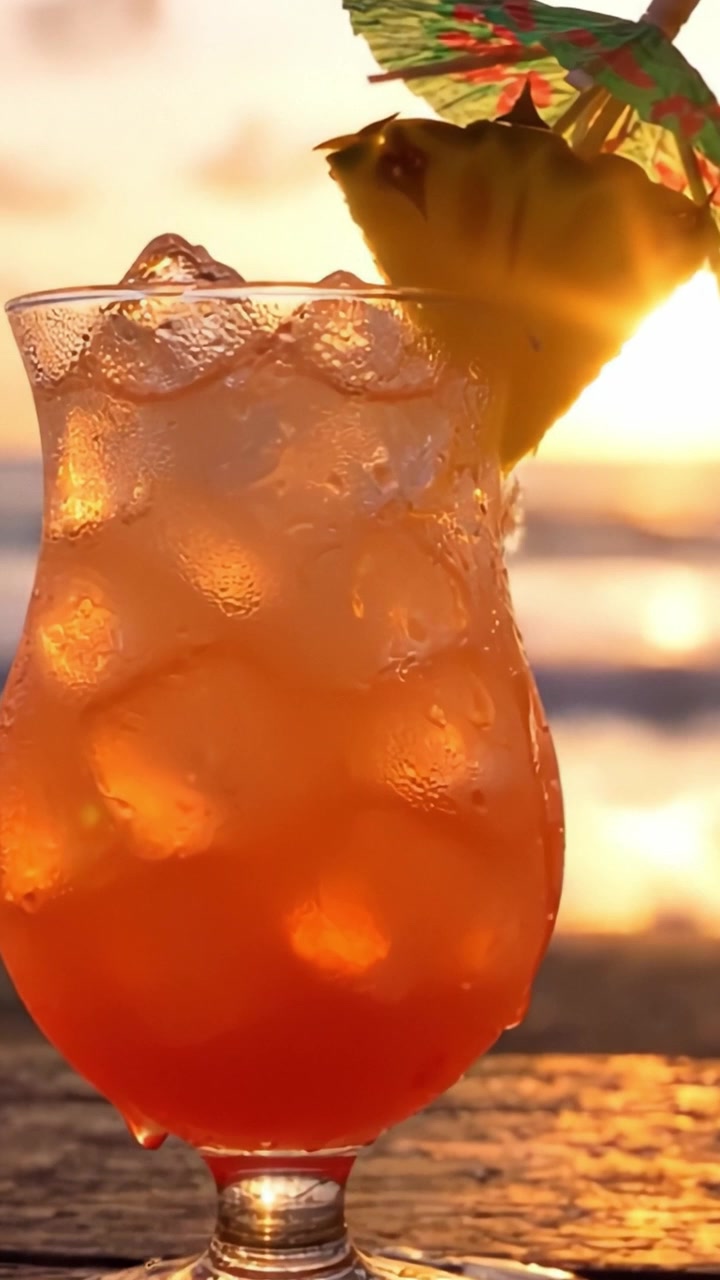 Cocktail tropicale rinfrescante con ghiaccio, guarnito con ananas e un ombrellino colorato, che risplende nella calda atmosfera del tramonto.