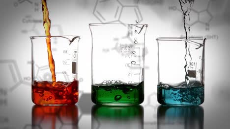 laboratory beakers with data and structural formula of chemical compounds in the foreground