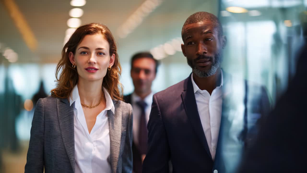 A confident and professional duo walking through a modern office corridor, embodying the essence of teamwork and collaboration in a well-dressed and contemporary business environment