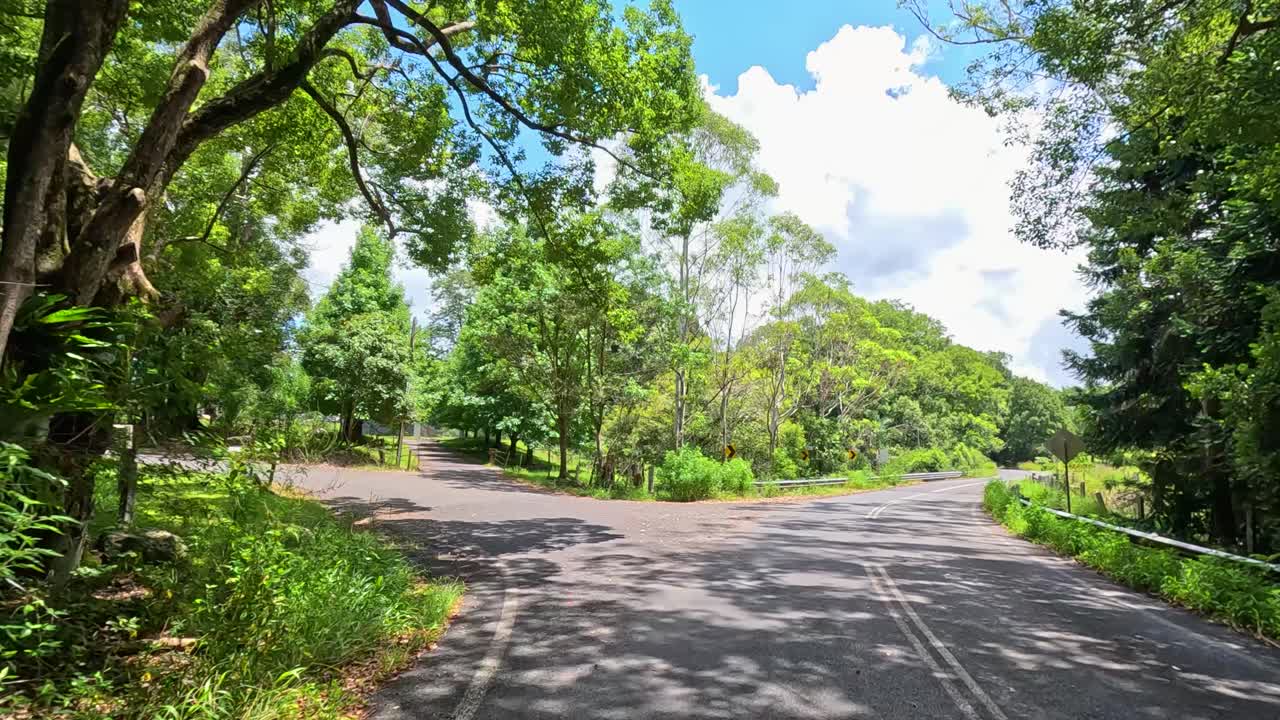 Drone captures a serene drive through Mullumbimby's verdant roads, showcasing vibrant greenery and clear skies