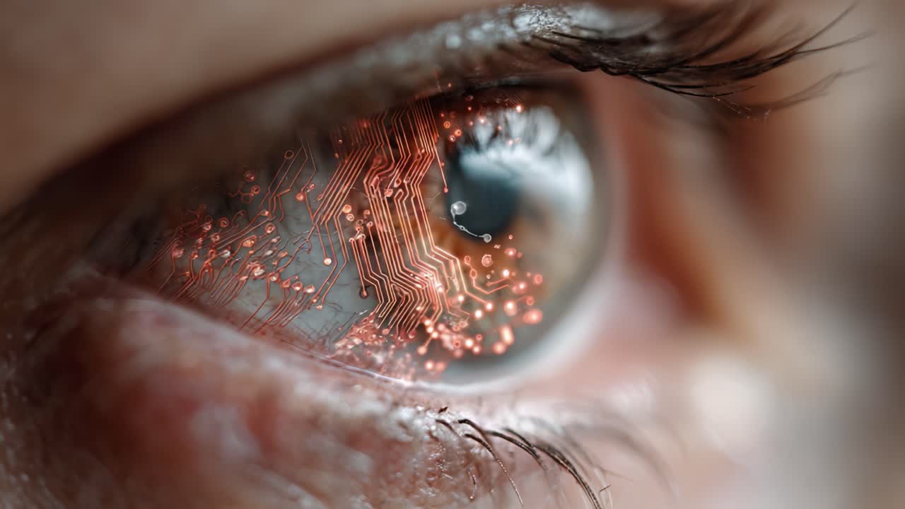 Uma perspectiva em close-up de um olho com padrões de circuitos: Uma fusão de biologia e tecnologia representando o amanhecer de uma nova era digital na evolução humana.