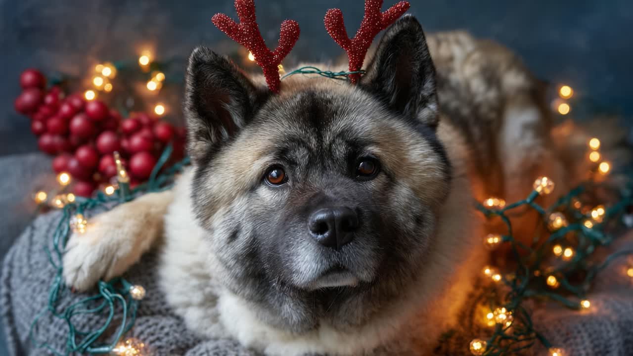 Festive Dog Portrait: A Charming Akita Dressed with Reindeer Antlers, Surrounded by Twinkling Lights and Holiday Decorations for a Cozy Christmas Atmosphere