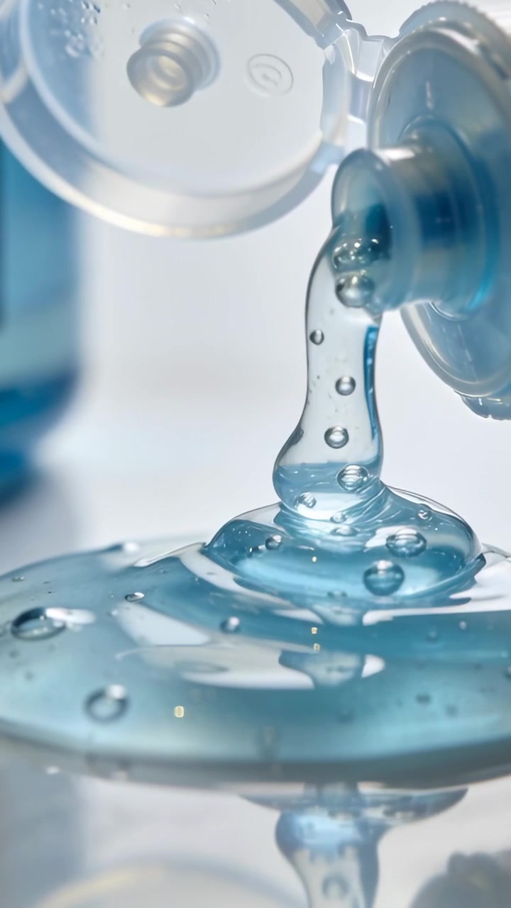 Video verticale: Spremere una bottiglia con tappo a scatto che rilascia gel blu su un piatto, formando una pozza con bolle.