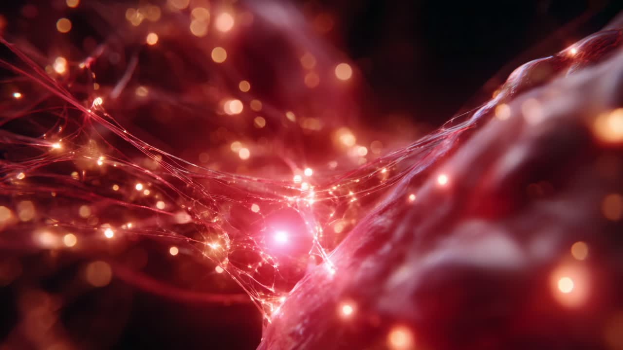 Stunning Visualization of Interconnected Neurons with Glowing Synapses, Capturing the Beauty of Complex Neural Networks in Vibrant Red Hues