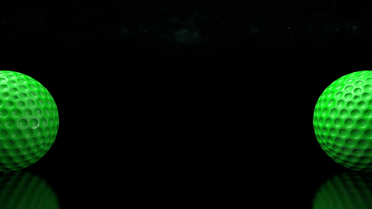 3D-ontwerp van golfballen op een donkere achtergrond. Loopanimatie van rollende golfballen op de achtergrond van het universum en sterren
