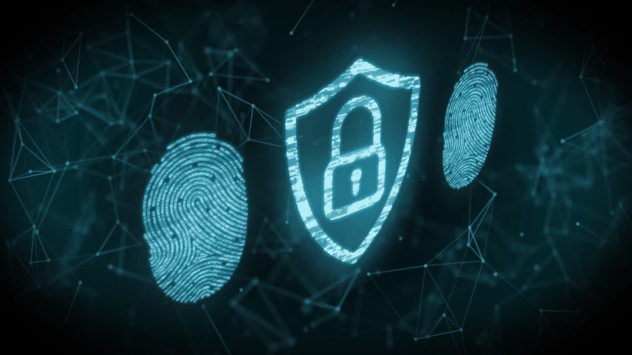 escáner de huellas dactilares y icono de candado de seguridad contra la red de conexiones