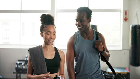 talking, couple and walking at the gym