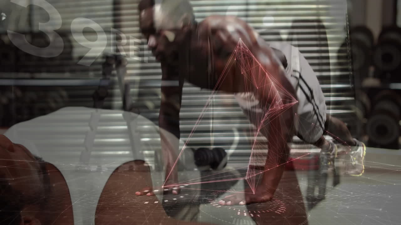 man performing push-up in gym using fitness tech with network lines and floating percentages