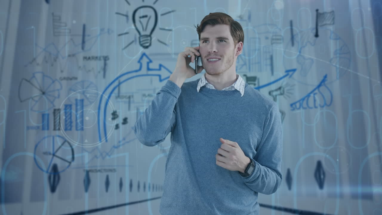 animación de iconos y hombre de negocios caucásico hablando en teléfono inteligente a través de la sala de servidores