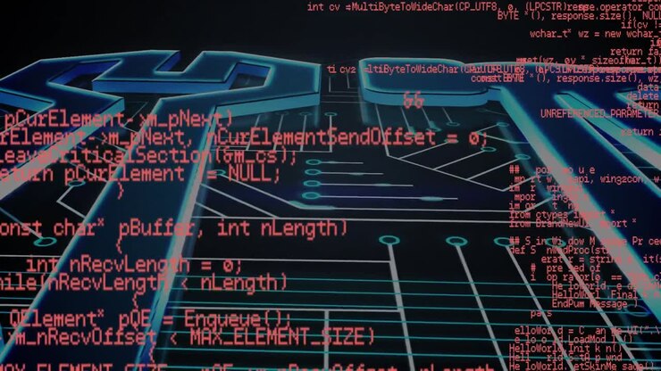 Animation of data processing over integrated circuit in red and black space