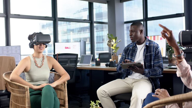 Casual diverse business people using vr headsets working together in office, slow motion, copy space