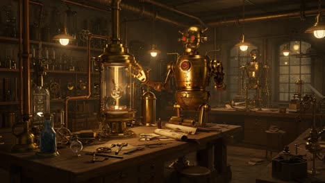 a steampunk laboratory: exploring the art of invention with mechanical robots, innovative tools, and enigmatic equipment in a dimly lit workshop environment