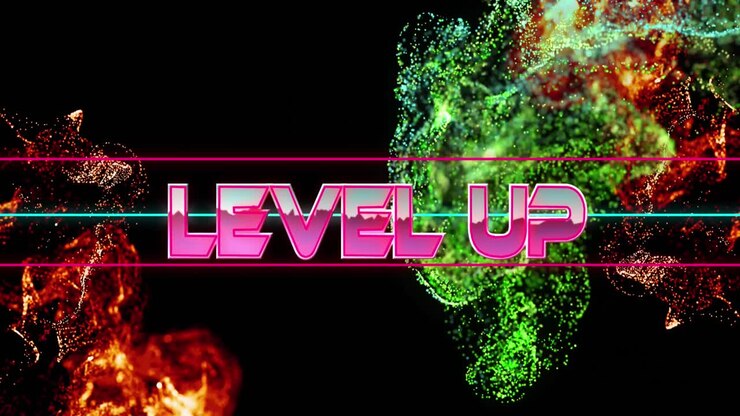 Animazione di un banner di testo 'Level Up' su onde digitali, su sfondo nero.
