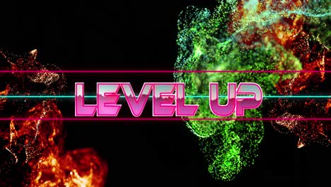 Animation-of-level-up-text-banner-over-digital-waves-against-black-background