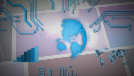 Animation-of-blue-globe,-circuits-and-charts-over-colourful-clips-playing-on-composite-screens