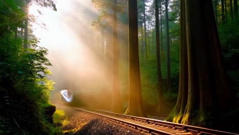 high-speed train in a forest at sunrise/sunset