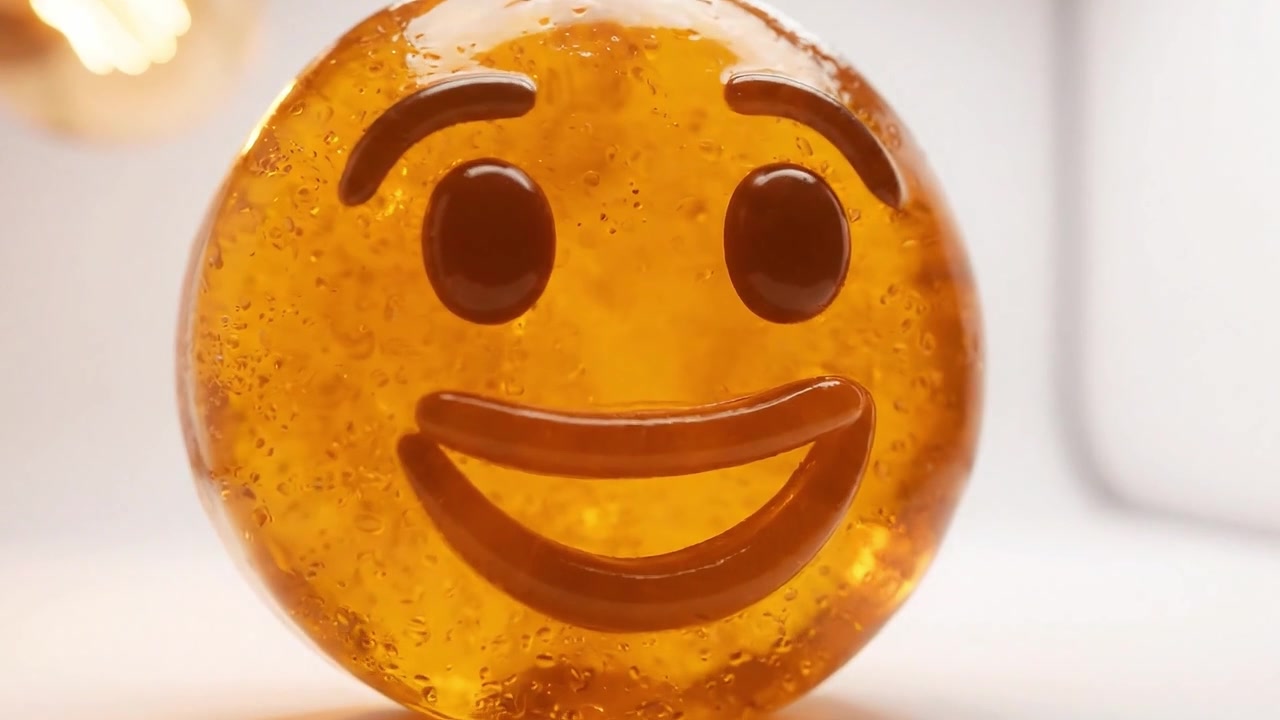 Un'emoji luminosa e allegra fatta di una sostanza gelatinosa brilla sotto una luce calda, catturando l'essenza della gioia e della positività in un design giocoso