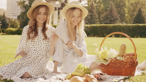 two happy women enjoying a picnic in the park