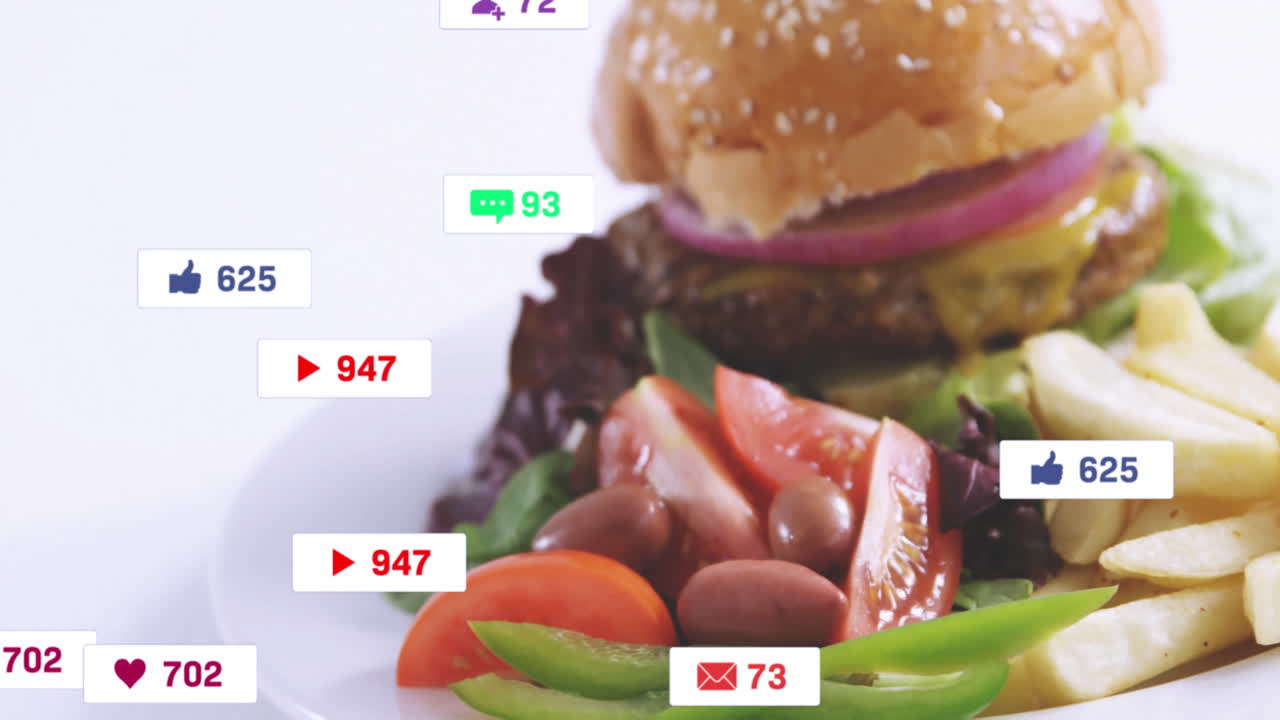 Social media notifications animation over plate of fresh salad and burger