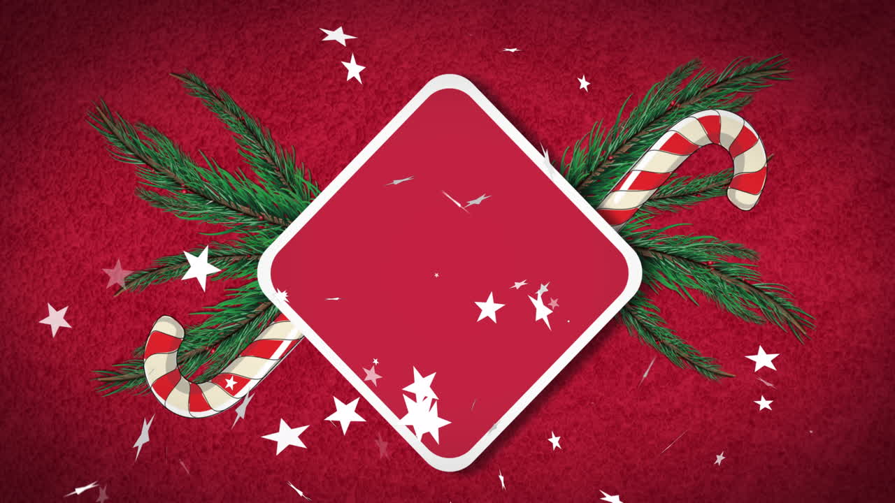 animación del letrero de navidad con espacio de copia, decoraciones y nieve cayendo sobre fondo rojo.