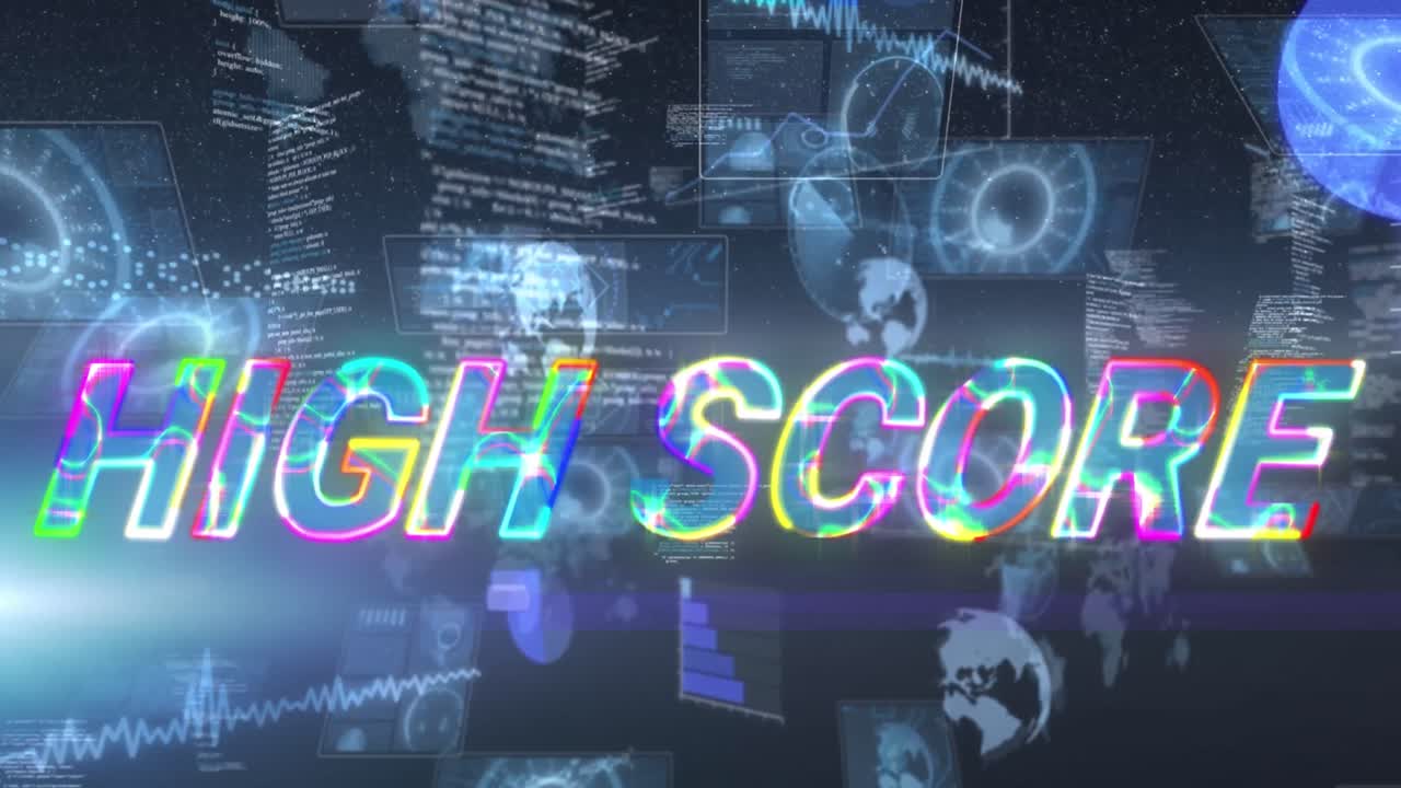 Animation of high score text over data processing on dark background