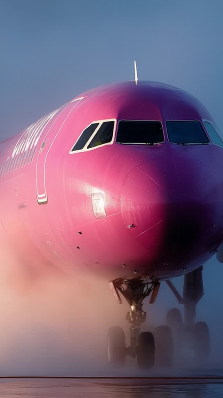 Un aereo rosa sorprendentemente audace emerge dalla nebbia, mettendo in mostra il suo colore vibrante mentre si prepara al decollo in una scena drammatica e visivamente accattivante.
