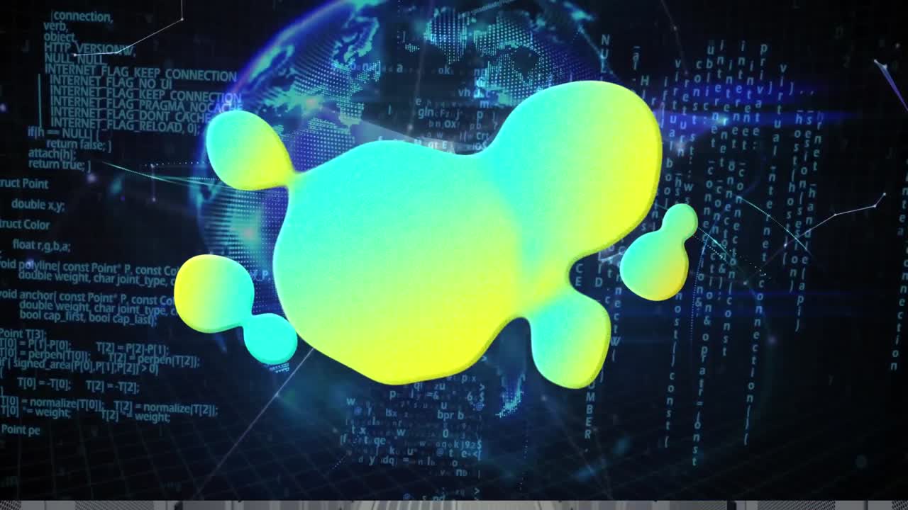 Animation of green spots and globe over data processing on black background
