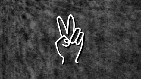 animation of white neon peace sign hand, on grey background